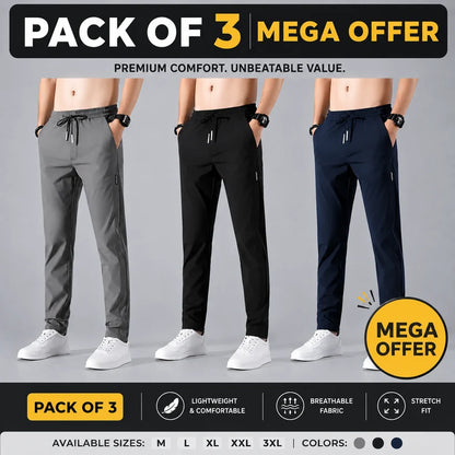Pack of 3 Offer 😍 Premium Lycra Men's Track Pants | Black, Blue & Grey