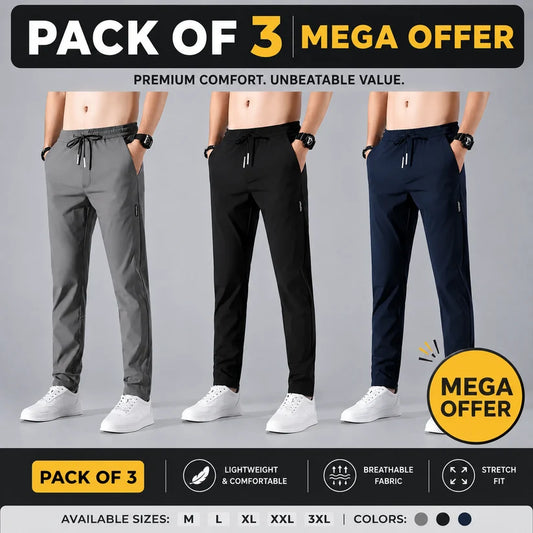 Pack of 3 Offer 😍 Premium Lycra Men's Track Pants | Black, Blue & Grey